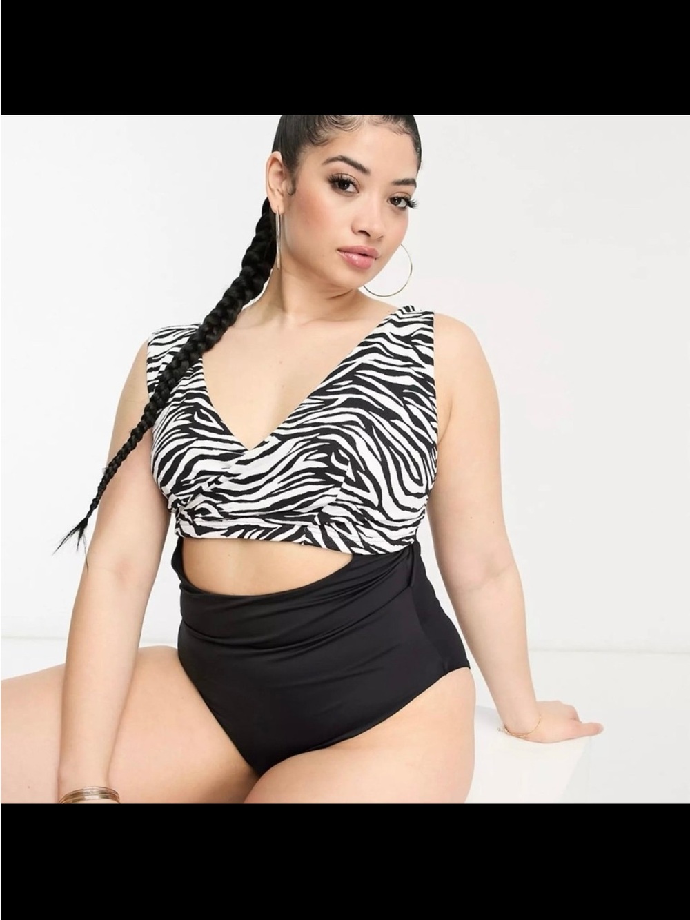 Plus Curve Black White Brazilian Zebra Print Cut Out One Piece Swimsuit